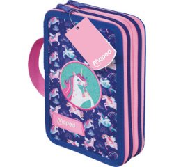Étui scolaire double Licorne, polyester, garni, rose