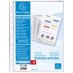 Sachet de 10 pochettes perforées polypropylène lisse haute qualité 9/100e - 24x32cm vertical - Cristal