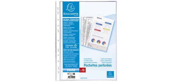 Sachet de 10 pochettes perforées polypropylène lisse haute qualité 9/100e - 24x32cm vertical - Cristal