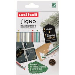 Stylo roller encre gel SIGNO, étui de 5 + étiquette