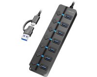 Hub USB 3.2, 7 ports, avec interrupteurs, noir