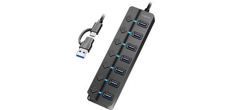 USB 3.2 Hub, 7 ports, with switches, black