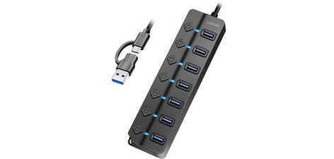 Hub USB 3.2, 7 ports, avec interrupteurs, noir