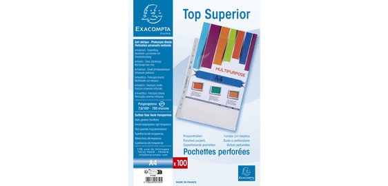 Sachet de 100 pochettes perforées polypropylène lisse Qualité + - A4 - Cristal