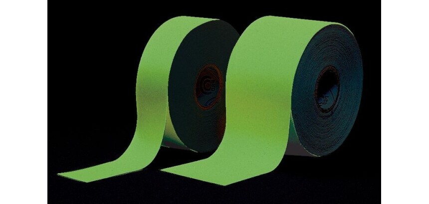 Ruban balisage photoluminescent de sécurité - 20mm x 10m - int ou ext sous abri