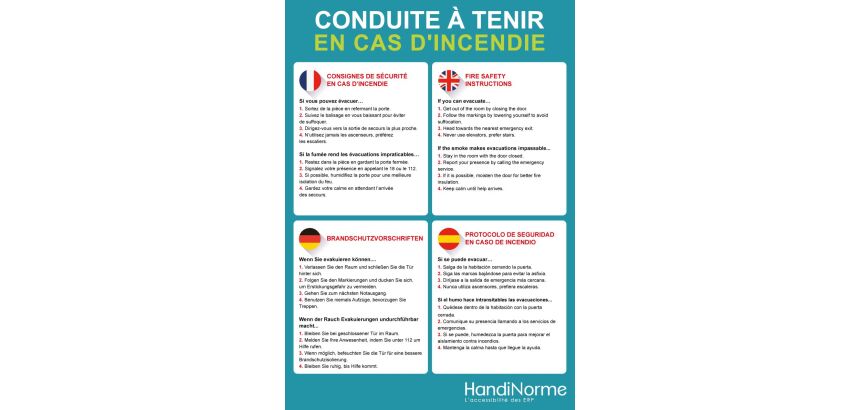 Poster A3 - Conduite à tenir en cas d'incendie 4 langues