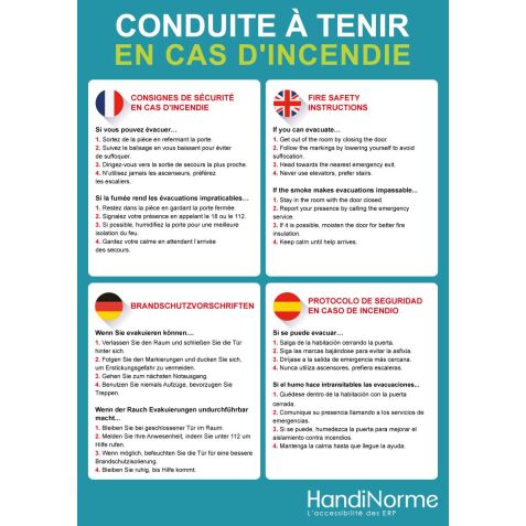 Poster A3 - Conduite à tenir en cas d'incendie 4 langues