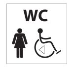 Picto WC Femme / PMR avec sens de transfert - 15 x 15 cm -   aluminium brossé