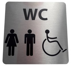 Pictogramme en aluminium brossé WC Homme / Femme / PMR - 150 x 150 mm