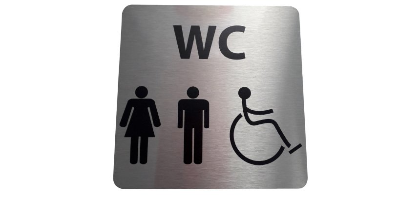 Pictogramme en aluminium brossé WC Homme / Femme / PMR - 150 x 150 mm