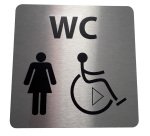 Picto WC Femme / PMR avec sens de transfert - 15 x 15 cm -   aluminium brossé