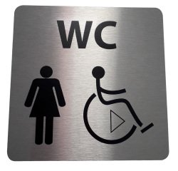 Picto WC Femme / PMR avec sens de transfert - 15 x 15 cm -   aluminium brossé