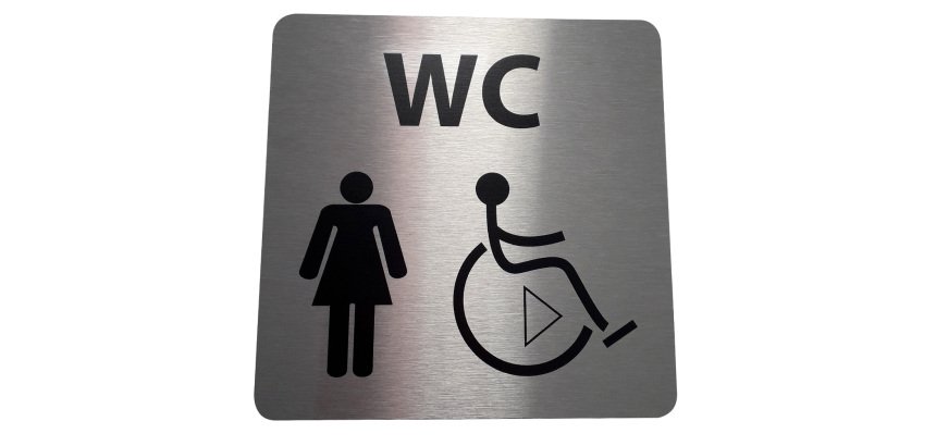 Picto WC Femme / PMR avec sens de transfert - 15 x 15 cm -   aluminium brossé