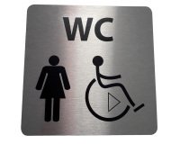 Picto WC Femme / PMR avec sens de transfert - 15 x 15 cm -   aluminium brossé