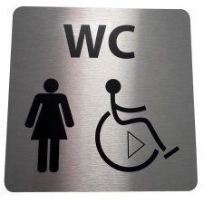 Picto WC Femme / PMR avec sens de transfert - 15 x 15 cm -   aluminium brossé