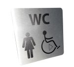 Picto WC Femme / PMR avec sens de transfert - 15 x 15 cm -   aluminium brossé