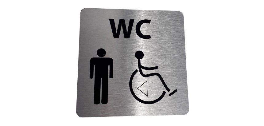 Pictogramme WC Homme / PMR + transfert Gauche ou droite - 15 x 15 cm - alu brossé