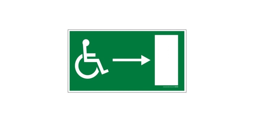 Signalétique Accessibilité - Sortie PMR à droite - Norme ISO 7010 300 x 150 mm PVC 2 mm
