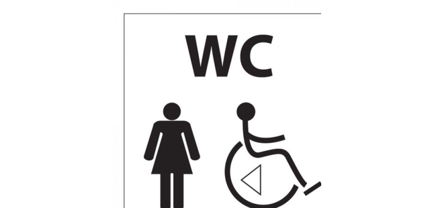 Picto WC Femme / PMR avec sens de transfert - 15 x 15 cm -   aluminium brossé
