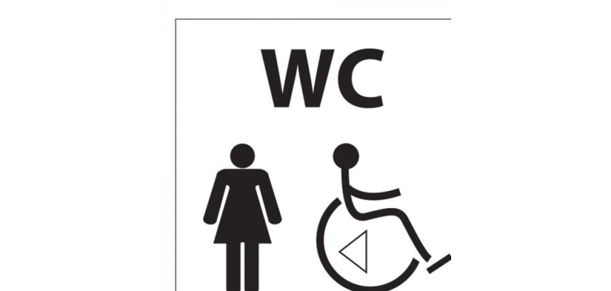 Picto WC Femme / PMR avec sens de transfert - 15 x 15 cm -   aluminium brossé