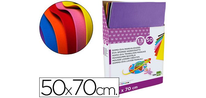 Goma eva liderpapel expositor de 50 planchasx10 colores surtidos 50x70 cm 1,5 mm espesor