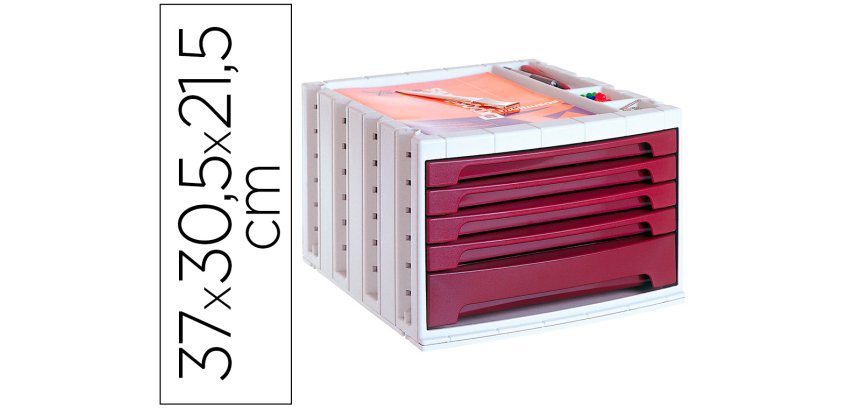 Fichero cajones de sobremesa archivo 2000 305x370x215 mm bandeja organizadora superior 5 cajones burdeos opaco