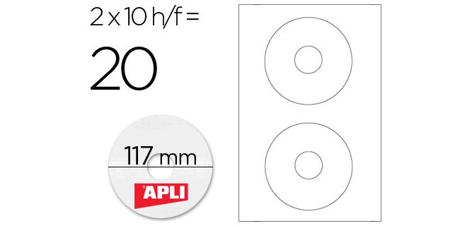 Etiqueta adhesiva apli 10603 tamaño cd-rom 117 mm para fotocopiadora laser ink-jet caja con 10 hojas/20 etiquetas