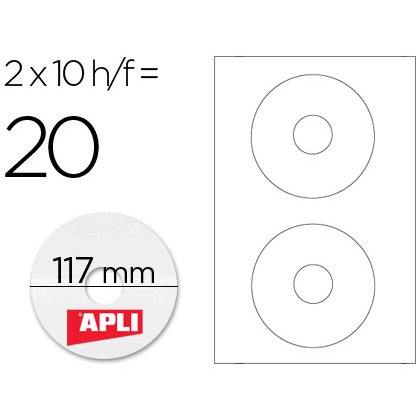 Etiqueta adhesiva apli 10603 tamaño cd-rom 117 mm para fotocopiadora laser ink-jet caja con 10 hojas/20 etiquetas