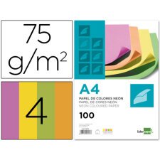 Papel color liderpapel a4 75gr neon 4 colores surtidos paquete de 100 hojas