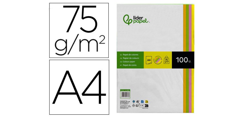 Papel color liderpapel din a4 75 gr neon 4 colores surtidos paquete de 100 hojas