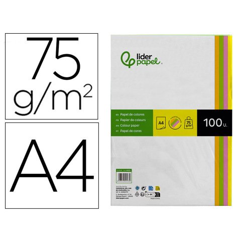 Papel color liderpapel din a4 75 gr neon 4 colores surtidos paquete de 100 hojas