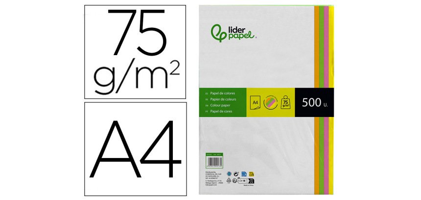Papel color liderpapel din a4 75 gr neon 4 colores surtidos paquete de 500 hojas