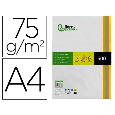Papel color liderpapel din a4 75 gr neon 4 colores surtidos paquete de 500 hojas