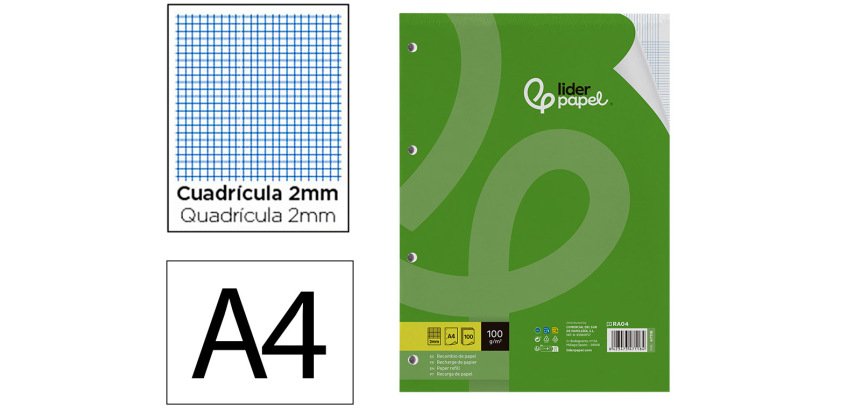 Recambio liderpapel a4 100 hojas 100gr milimetrado 2mm sin margen 4 taladros