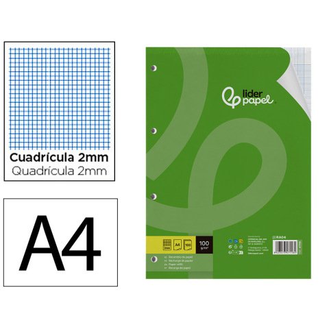 Recambio liderpapel a4 100 hojas 100gr milimetrado 2mm sin margen 4 taladros