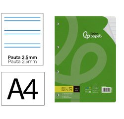 Recambio liderpapel A4 100 hojas 100g pauta 5ª 2,5mm con margen 4 taladros