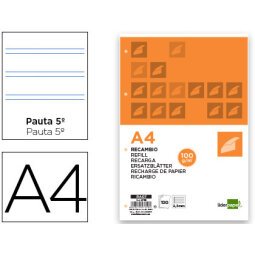 Recambio liderpapel A4 100 hojas 100g pauta 5ª 2,5mm con margen 4 taladros