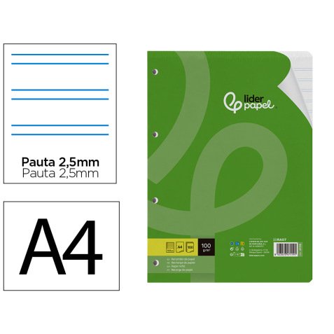 Recambio liderpapel A4 100 hojas 100g pauta 5ª 2,5mm con margen 4 taladros