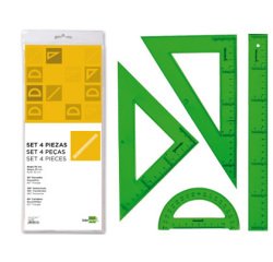Juego escuadra cartabon regla 30 cm y semicirculo en petaca liderpapel verde