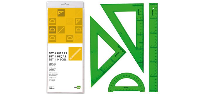 Juego escuadra cartabon regla 30 cm y semicirculo en petaca liderpapel verde