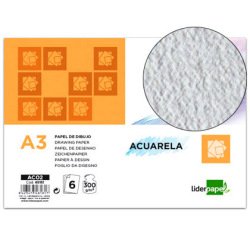 Papel dibujo liderpapel 297x420mm 300g/m2 acuarela pack de 6 hojas