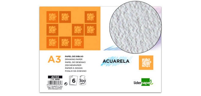 Papel dibujo liderpapel 297x420mm 300g/m2 acuarela pack de 6 hojas
