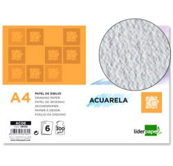 Papel dibujo liderpapel 210x297mm 300g/m2 acuarela pack de 6 hojas