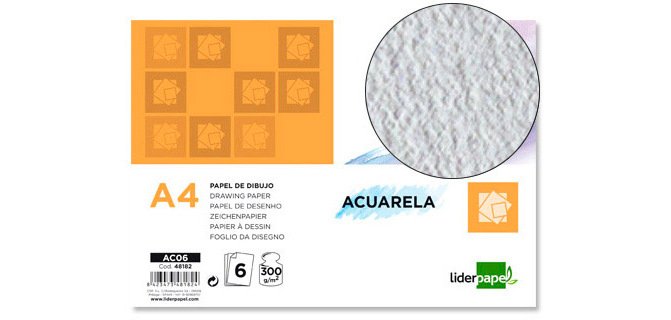 Papel dibujo liderpapel 210x297mm 300g/m2 acuarela pack de 6 hojas