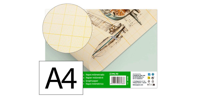 Papel dibujo liderpapel 210x297mm 80g/m2 milimetrado pack de 10 hojas