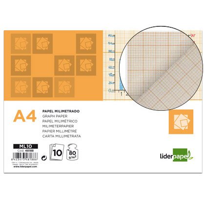 Papel dibujo liderpapel 210x297mm 80g/m2 milimetrado pack de 10 hojas