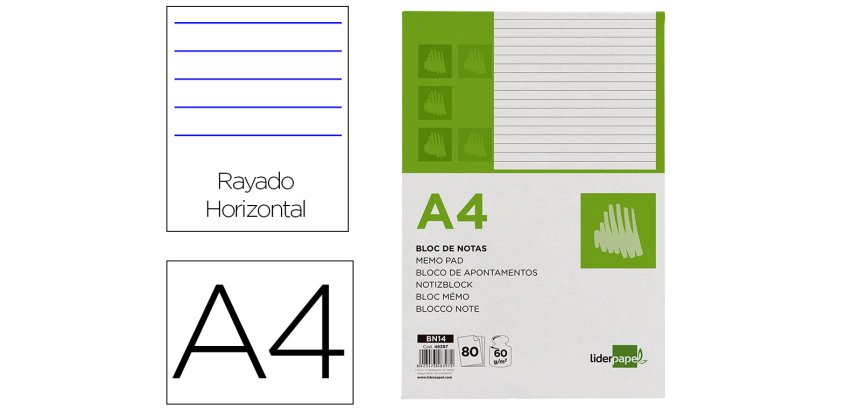 Bloc notas liderpapel horizontal a4 80 hojas 60g/m2