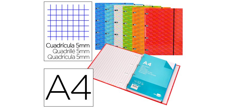 Carpeta con recambio liderpapel a4 cuadro 5mm forrada 4 anillas 20mm colores surtidos
