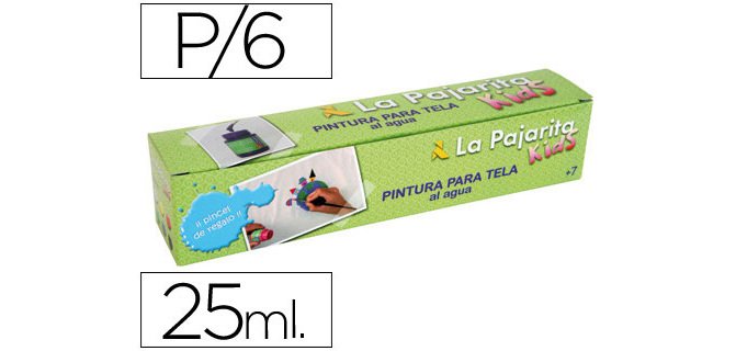 Pintura para tela la pajarita kids 25 ml caja de 6 unidades colores surtidos + pincel