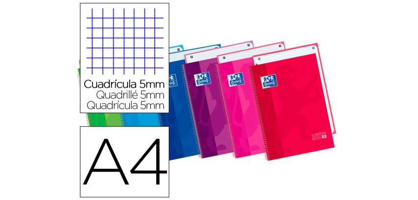 Bloc espiral oxford tapa extradura microperforado din a4 80 hojas cuadros 5mm colores surtidos